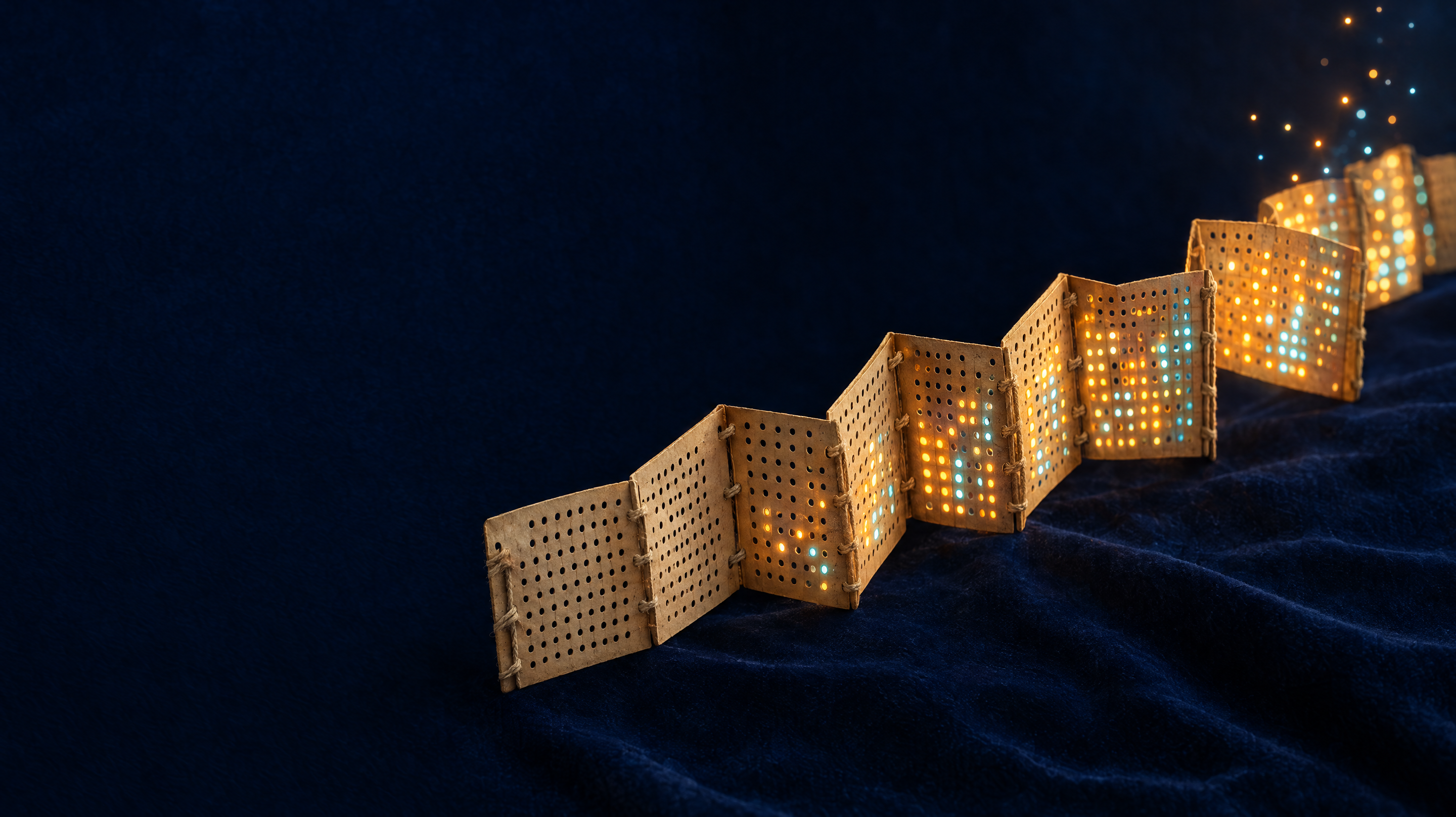 A folded chain of perforated paper cards rests on deep indigo velvet, with glowing holes and small points of light rising above the cards on the right.