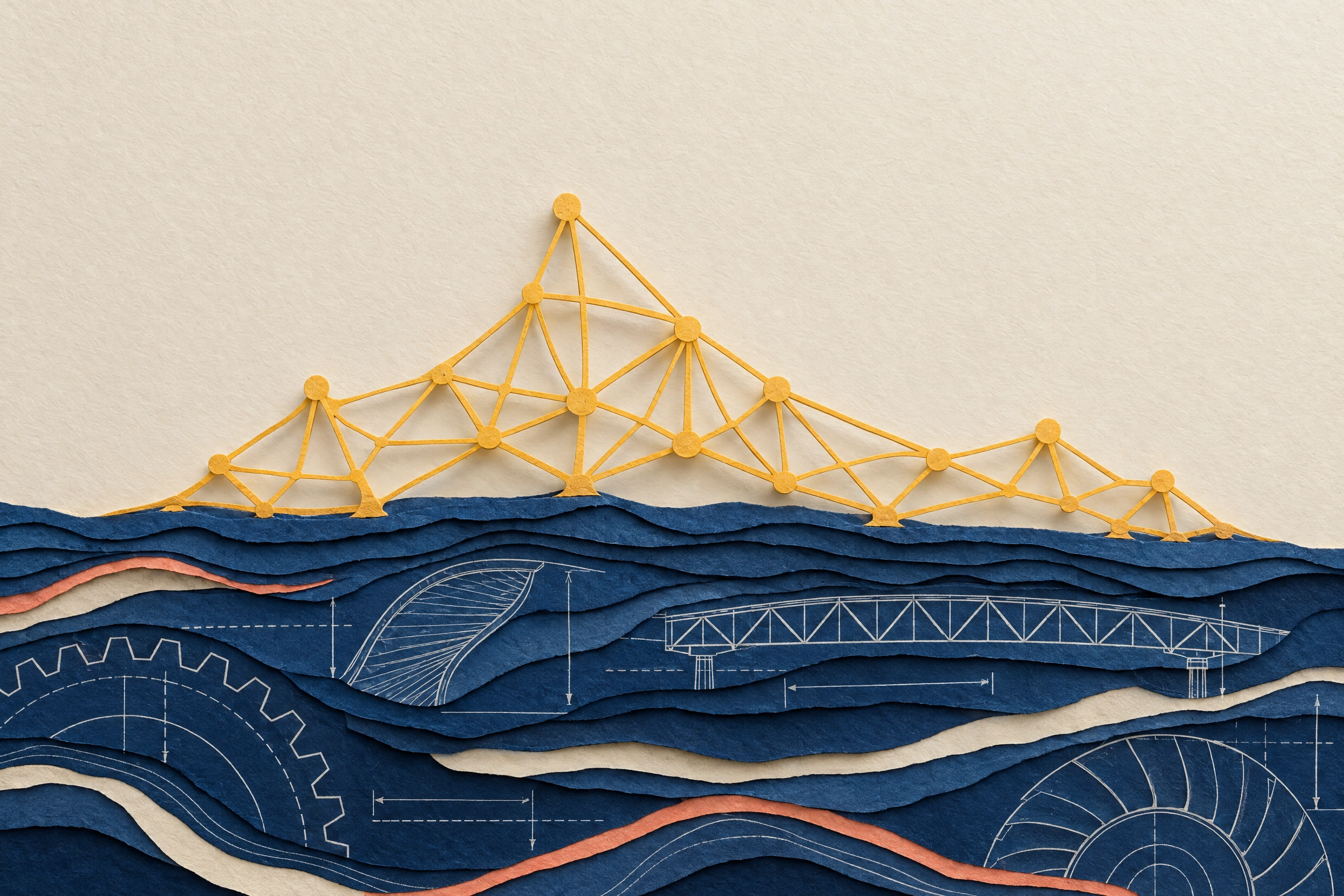 Layered blue paper carries white engineering drawings, with a saffron network of connected lines and nodes rising above it.