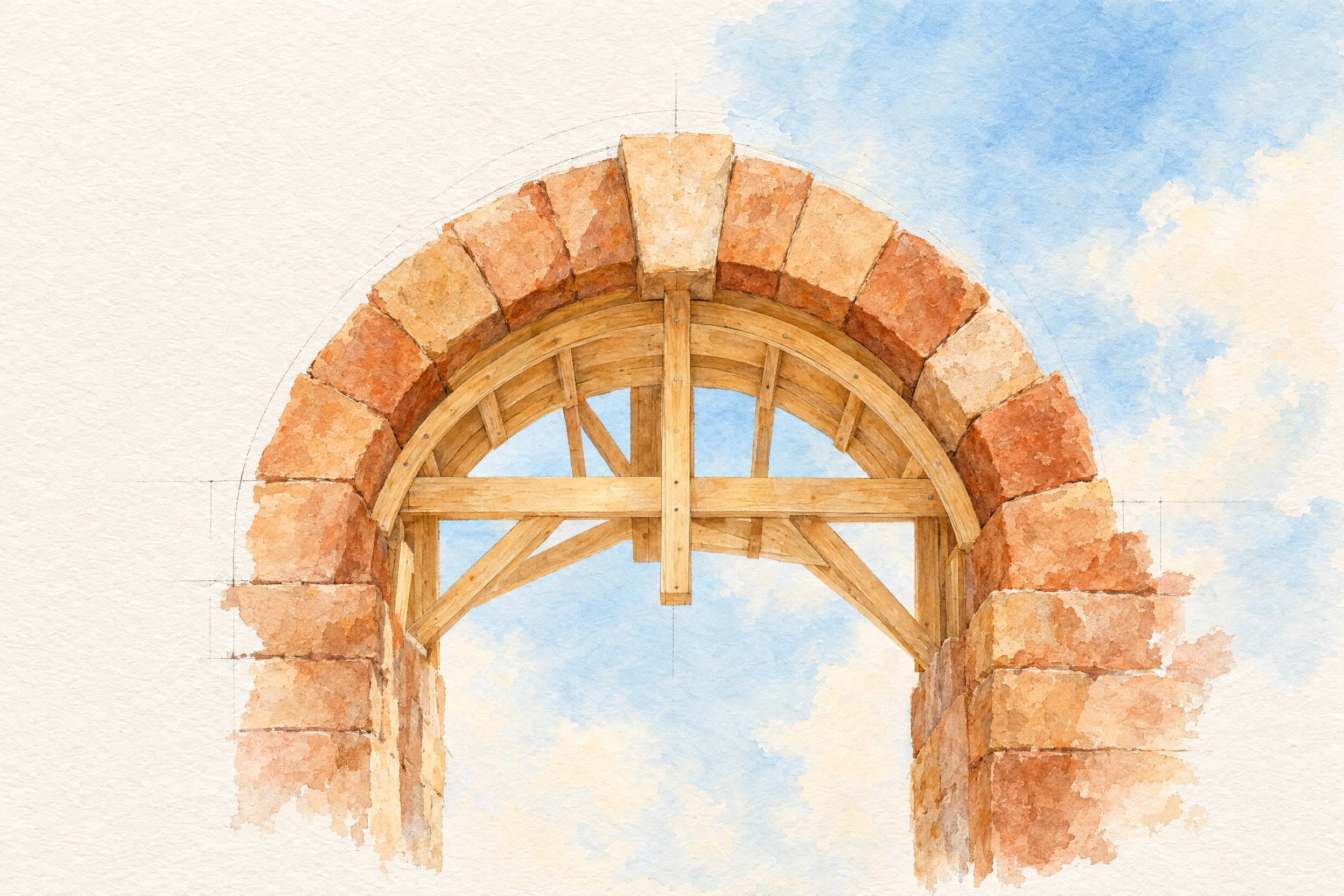 A watercolour shows a warm-toned stone arch supported by a curved timber frame against a pale blue sky.