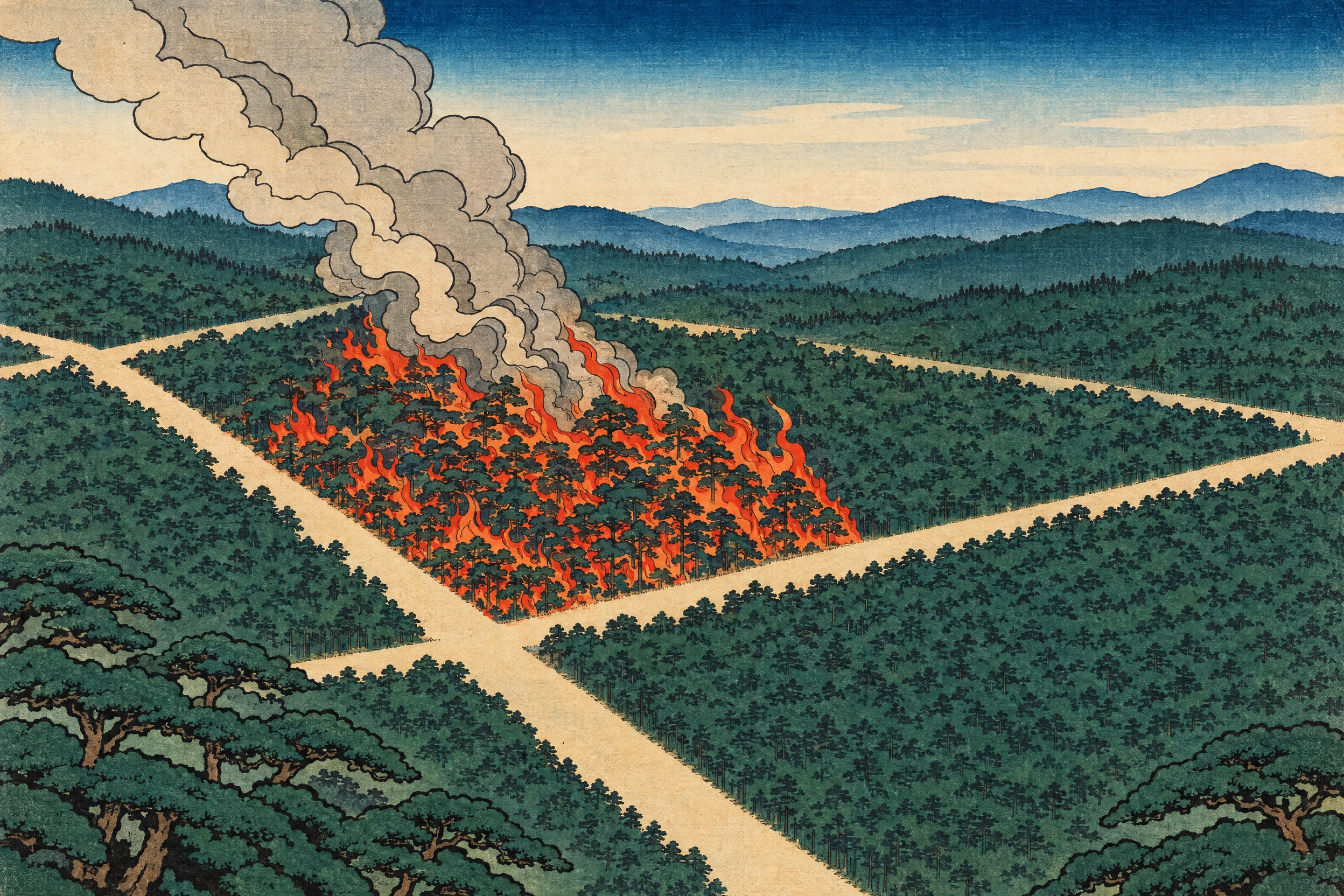 Woodblock-style landscape of pine forest divided into blocks by pale firebreak lanes; one block is burning and the flames stop at the firebreaks.