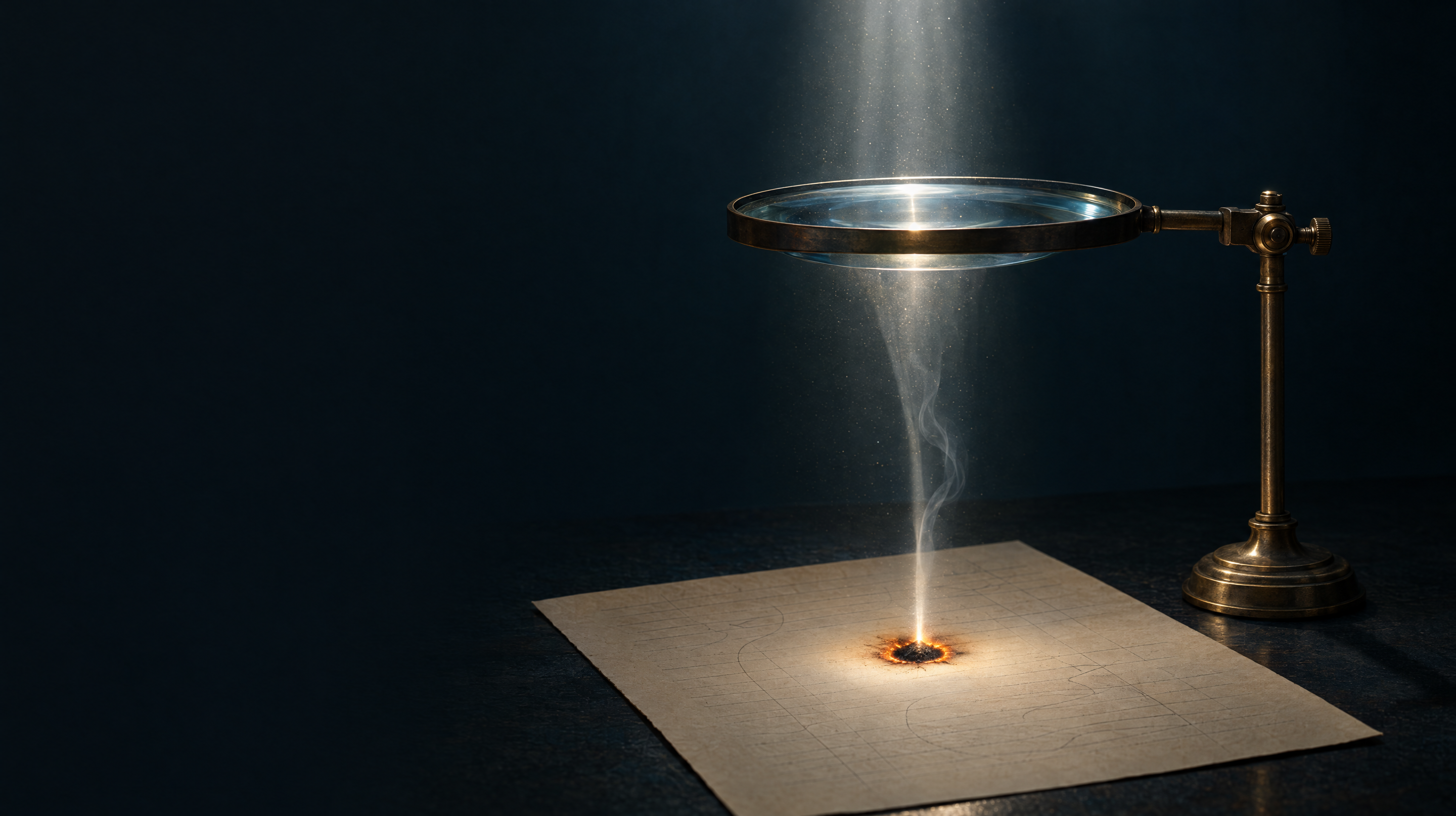 A brass magnifying lens held flat above a sheet of paper on a dark table; a beam of sunlight passes through it and burns a small glowing hole in the paper.