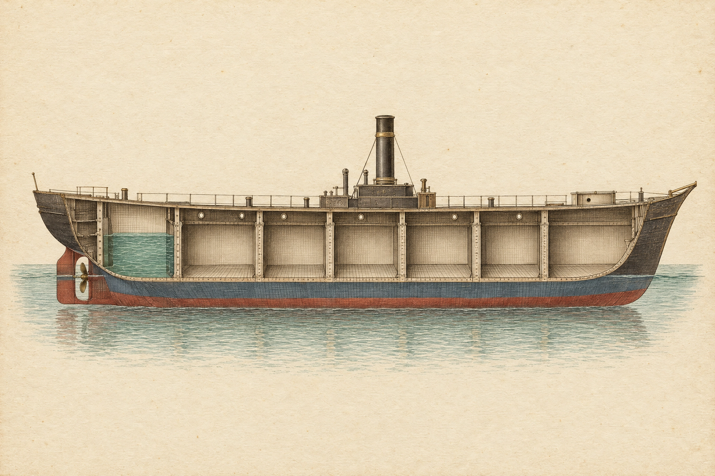 Engraving-style cutaway of a steamship hull divided by bulkheads into compartments; one compartment at the stern is flooded while the others stay dry.